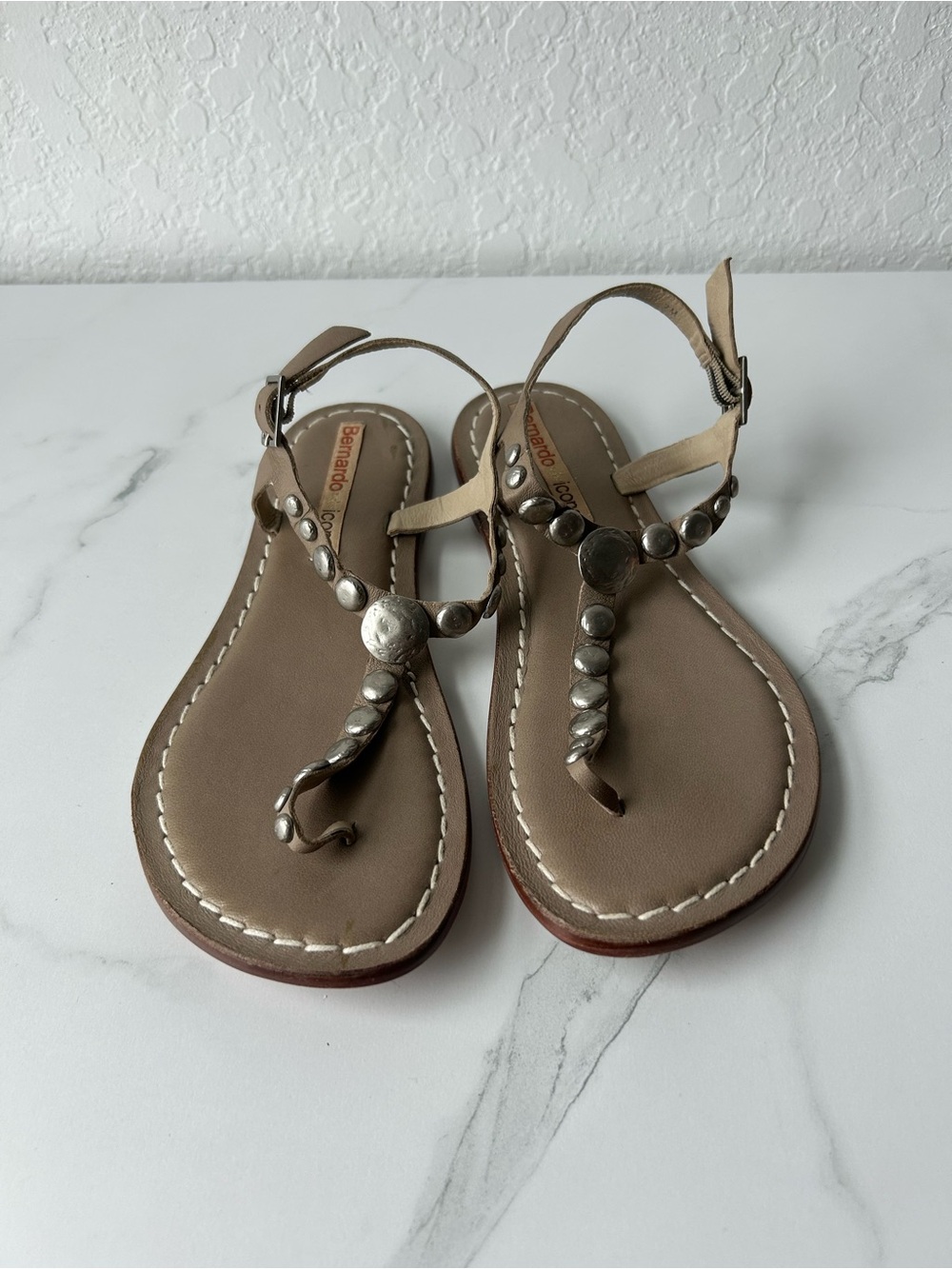 Bernardo Taupe Metallic-Stud T-Strap Sandals